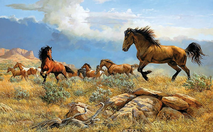 Гръм в далечината 1, животно, кон, изкуство, красиво, произведение на изкуството, широк екран, , коне, планини HD тапет