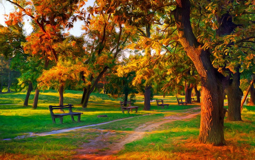 Parco d'autunno, alberi, autunno, astratto, parco Sfondo HD