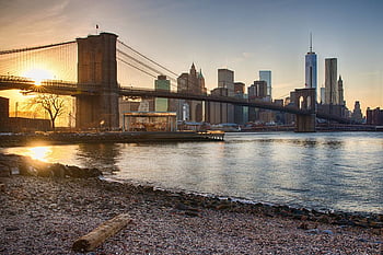 Desktop Wallpaper Manhattan Bridge Suspension Bridge Sunset New York  City Lights Hd Image Picture Background Ce3a89