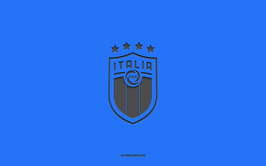 サッカー イタリア代表チーム、青色の背景、サッカー チーム、エンブレム、UEFA、イタリア、サッカー、サッカー イタリア代表チームのロゴ、ヨーロッパ 高画質の壁紙