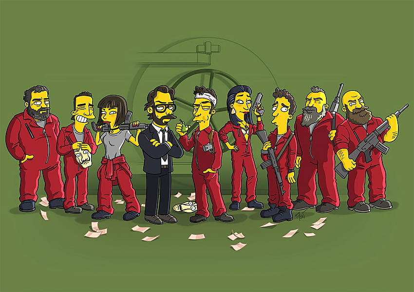 Money Heist Simpson tarzı Simpsonlaştırılmış Tam HD duvar kağıdı