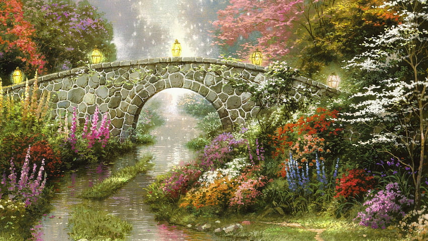 Thomas Kinkade, peinture, pont, fleurs, ruisseau, lanterne / et fond mobile Fond d'écran HD