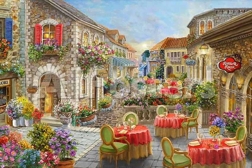 Fiori カフェ、テーブル、夢のアトラクション、絵画、家、春、椅子、夏、四季を愛する、カフェ、レストラン、花、場所 高画質の壁紙