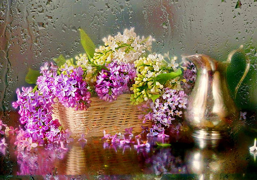 Still Life, keranjang, lukisan, lilac, kaleng, musim semi Wallpaper HD