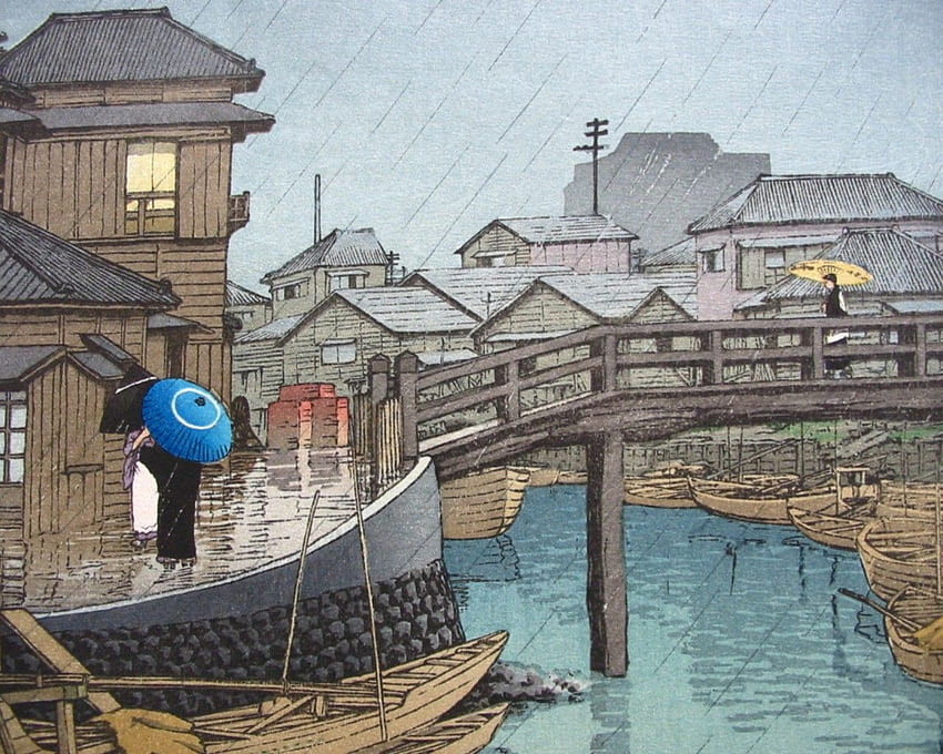 Autre : Kawase Hasui Bridge Town Japan Old Woodblock Print Landscape, Japanese Woodblock Print Fond d'écran HD