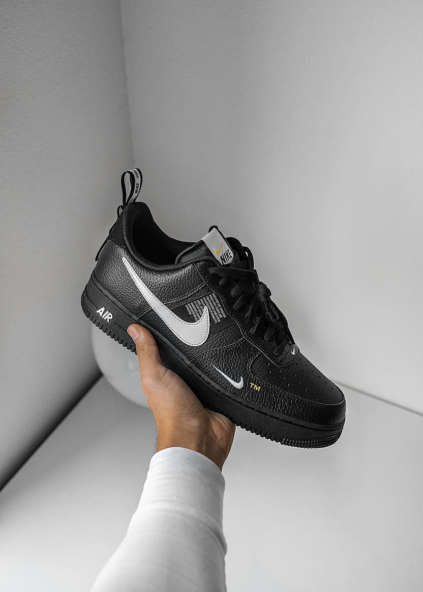 : black and white Nike Air Force 1 sneaker, human body part, one person, Black Air Force HD phone wallpaper
