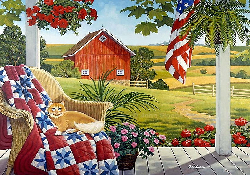 Old Glory, barn, painting, trees, fields, veranda, cat HD wallpaper