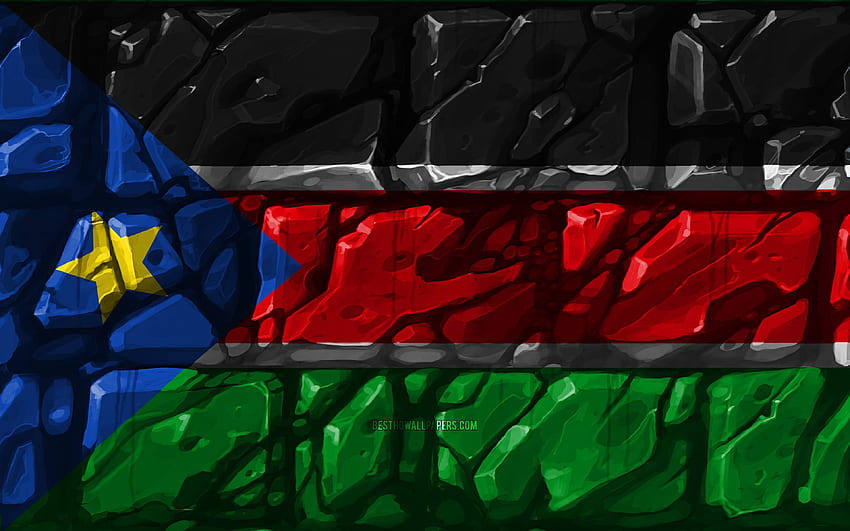Флаг на Южен Судан, тухлена стена, африкански HD тапет