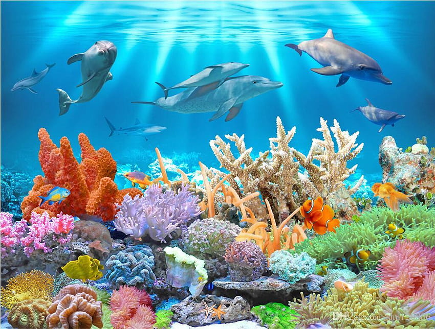3D стенопис по поръчка Подводен делфин Корал Пейзаж декорация живопис 3D стенописи за стени 3d хол, Движещи се под вода HD тапет