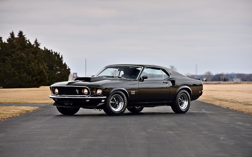 On road, 1969 Ford Mustang Boss 429, black, muscle car HD wallpaper