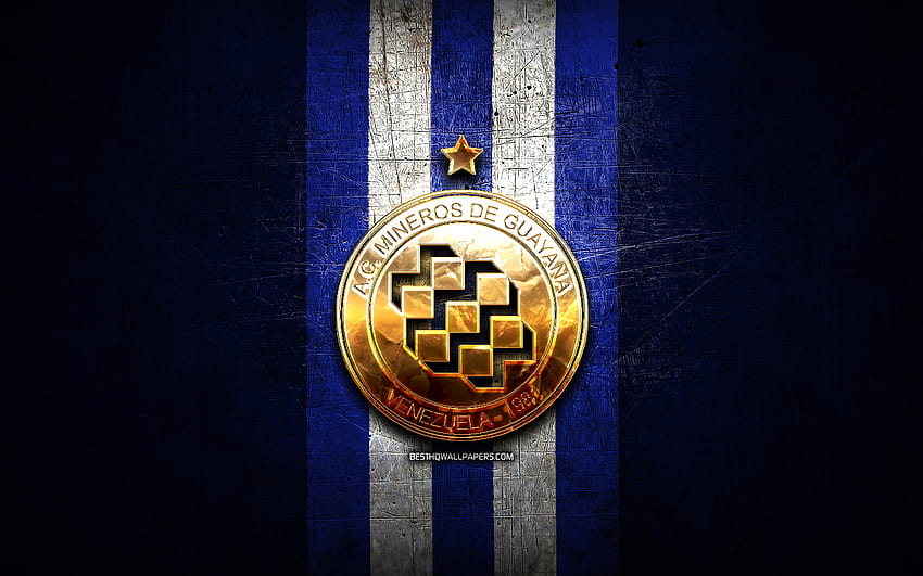 Mineros de Guayana FC, altın logo, UEFA Şampiyonlar Ligi, mavi metal arka plan, futbol, ​​Venezuela Futbol Kulübü, Mineros de Guayana logo, Venezuela Birinci Lig, ACCD Mineros de Guayana HD duvar kağıdı