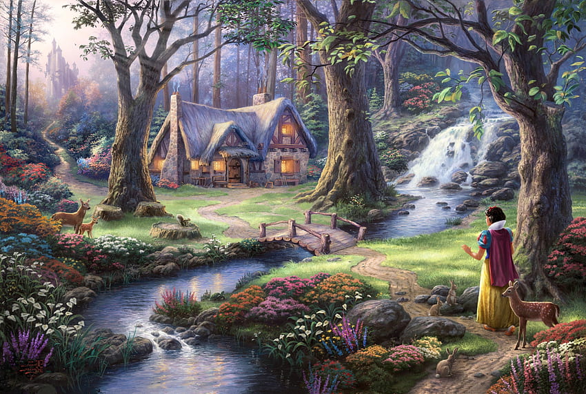 fantasy Art, Fairies, Thomas Kinkade, Painting, Trees, Flowers, Stream, House, Waterfall, Bridge, Lights, Castle, Forest, Animals, Deer, Path, Rabbits, Sun Rays, Artwork, Snow White / and Mobile Background HD wallpaper