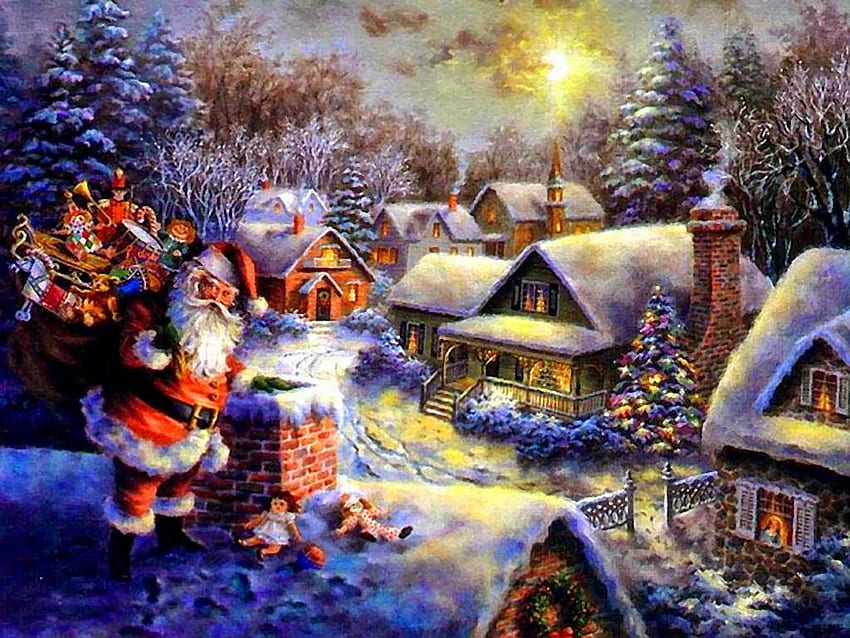 Der Weihnachtsmann ist bereit, den Schornstein zu betreten, um Geschenke zu platzieren. Cartoon-Zeichnung, Santa Elf HD-Hintergrundbild