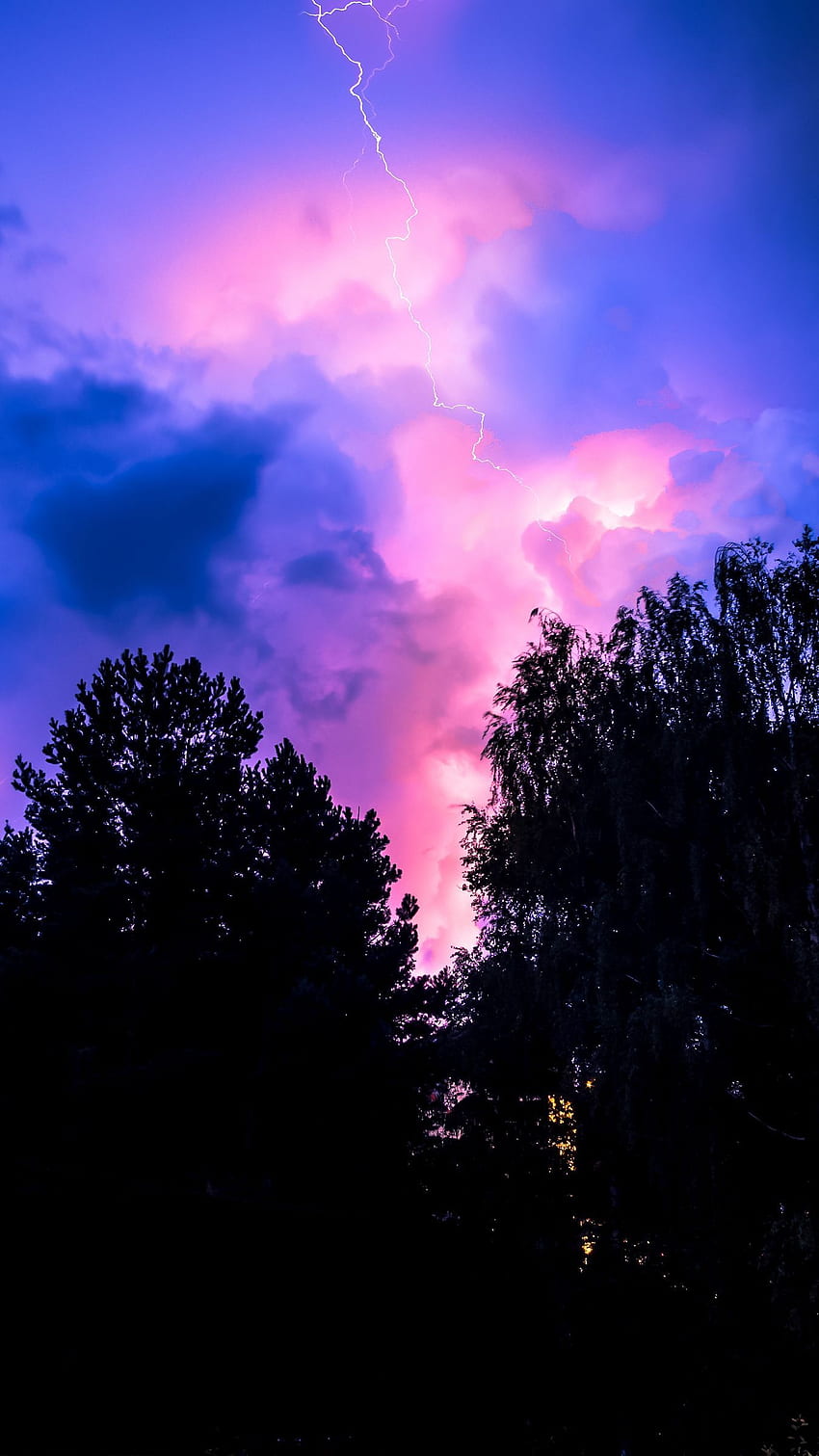 burza, niebo, drzewa, noc iphone 8+/7+/6s+/ na tle paralaksy, Pink Storm Tapeta na telefon HD