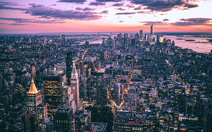Kota New York,, matahari terbenam, Manhattan, bangunan modern, kota-kota Amerika, gedung pencakar langit, kaki langit New York, lanskap kota New York, AS Wallpaper HD
