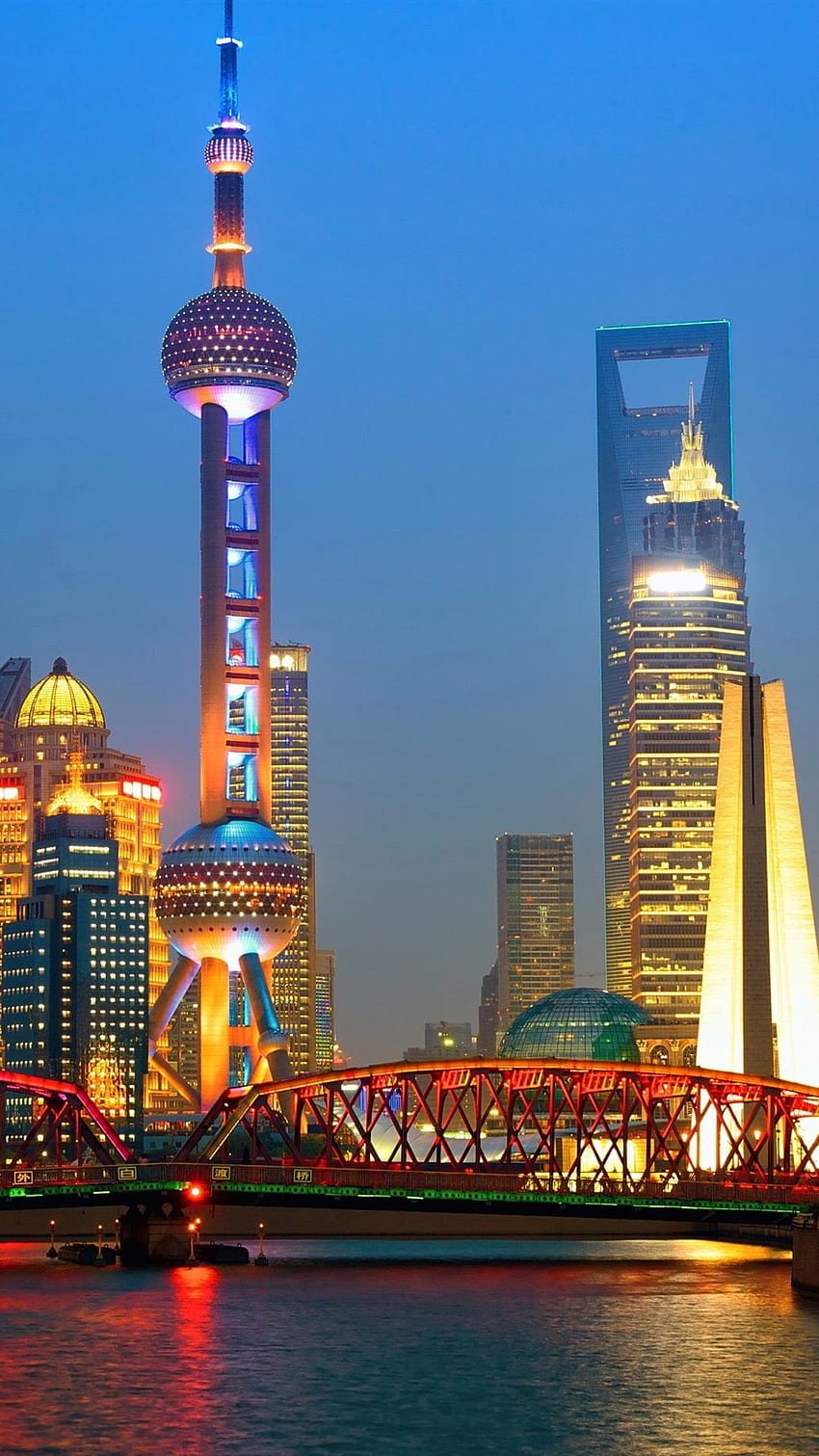 중국 상하이 여행, 밤, 고층 빌딩, 탑, 조명 HD 전화 배경 화면