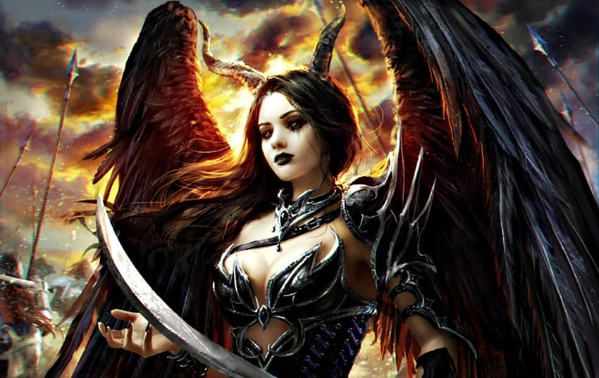 Dark angel, wings, fantasy, art, game, legend of the cryptids, girl, woman HD wallpaper