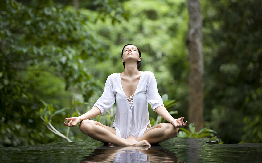 A Young Woman Sits In Water In Yoga Position Health HD wallpaper