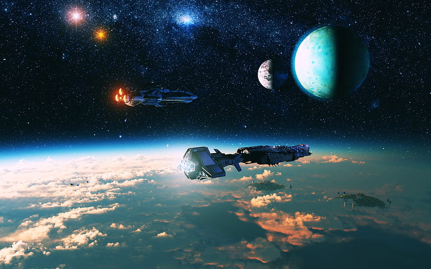 Looking for Home, planets, deep space, space ships, home HD wallpaper