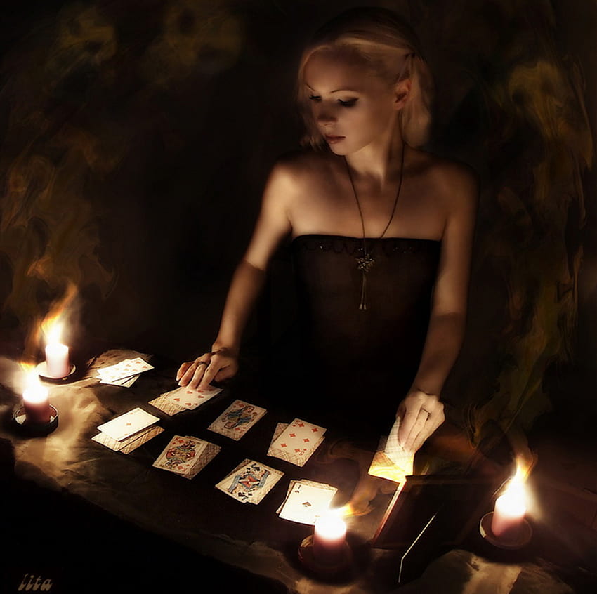 card teller, abstract, fantasy, card, candles, girl, beauty, dark HD wallpaper