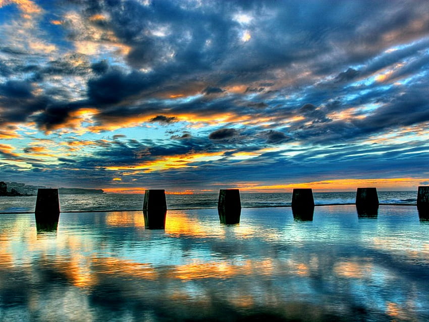 mirror reflection, blue, sea, reflection, color, clouds, sky HD wallpaper
