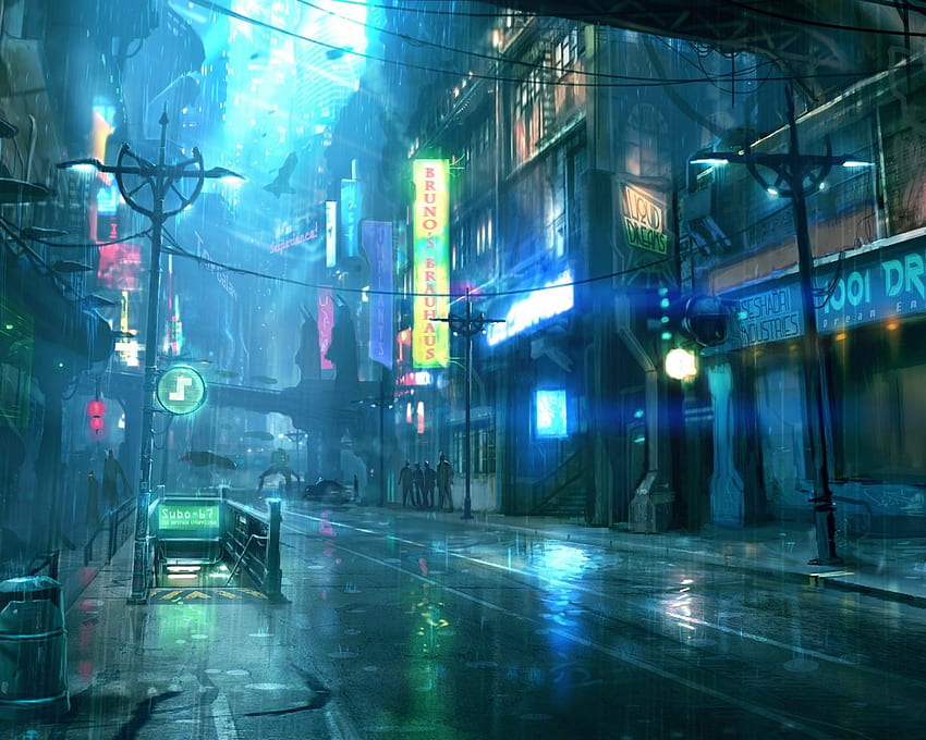 Cyberpunk, Futuristic, City, Raining, Street, Lights, People, Sci Fi Maiden, Rainy City Lights HD wallpaper