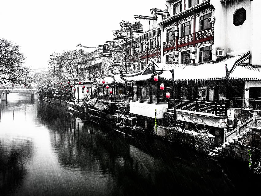 Nanjing, snowing, winter, river, house, retro style U HD wallpaper
