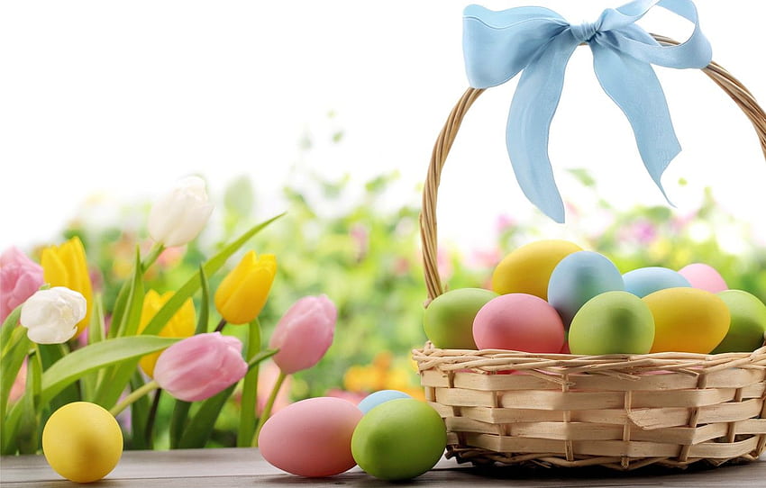 цветя, кошница, яйца, великден, лента, лалета, лък, цветя, пролет, великден, яйца за , раздел празници HD тапет