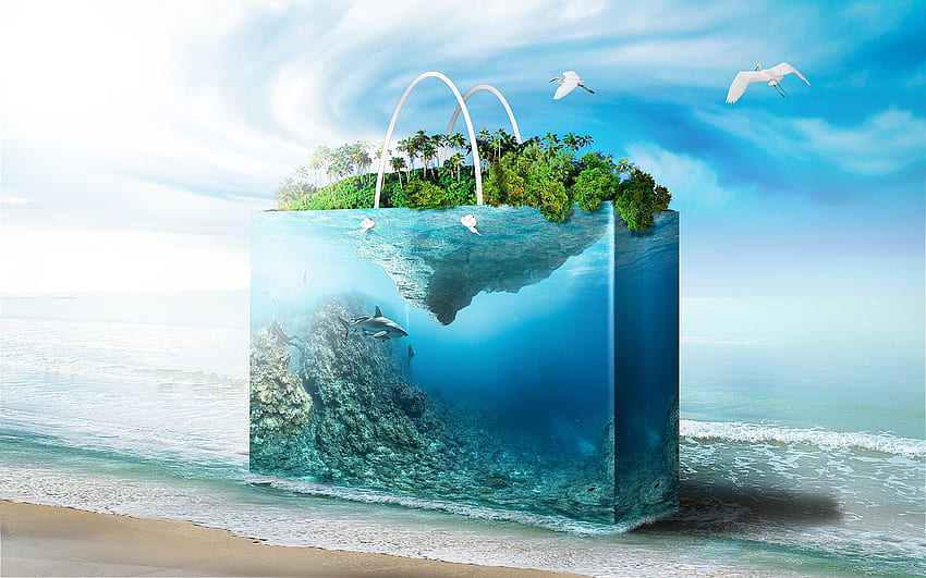 Blue and green economy bag illustration, bag, aquarium HD wallpaper