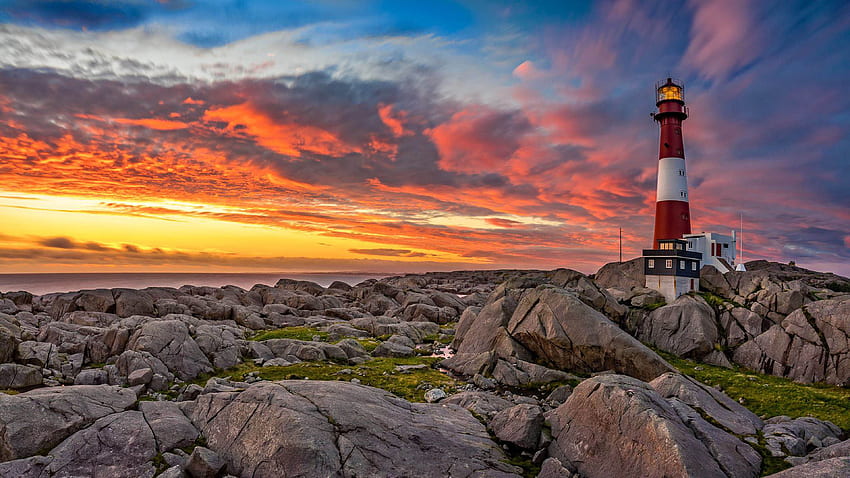 Sunset Landscape graphy Lighthouse Tranoy In Westsford Northern Norway Red And White Lighthouse Sky Sunlight Rocks For HD wallpaper