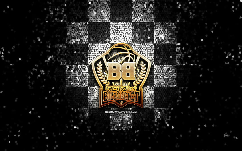Bilbao Basket, glitter logo, ACB, black white checkered background, spanish basketball team, Bilbao Basket logo, mosaic art, basketball, Surne Bilbao Basket HD wallpaper