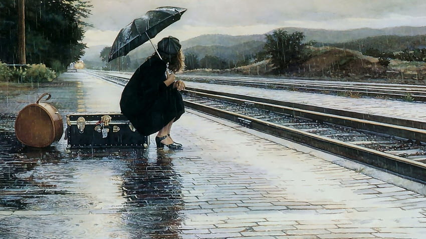 last train to nowhere, rain, luggage, tracks, girl, train HD wallpaper