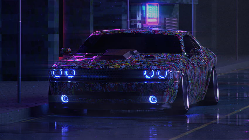Dodge Challenger On Street Neon, Dodge Hellcat HD wallpaper
