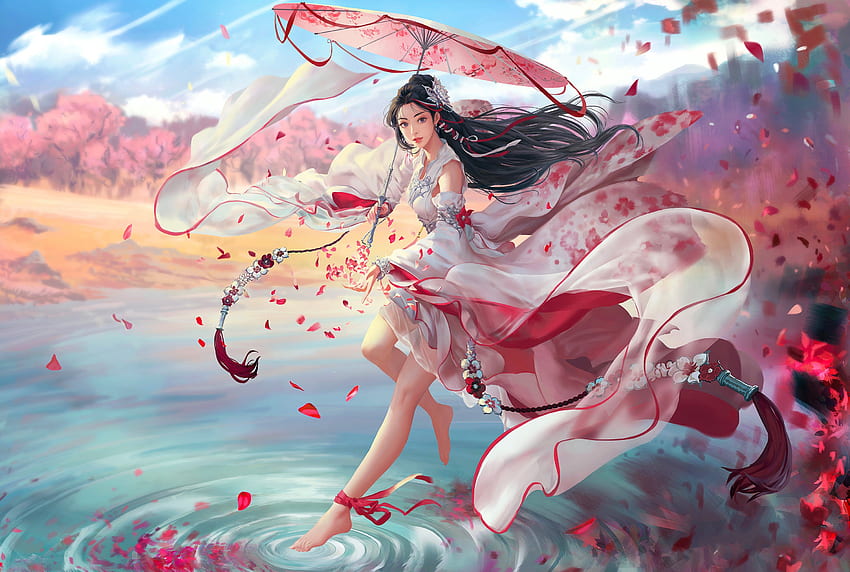 Dancing on Water, digital, asian, art, fantasy, parasol, girl, water, woman HD wallpaper