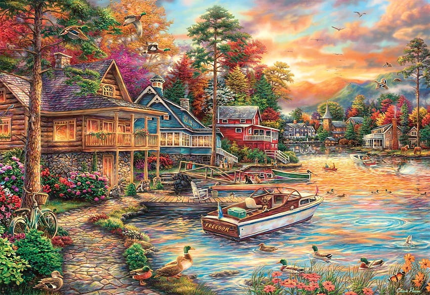 dom no lago, obras de arte, rio, pintura, barcos, árvores, cais, casas, aldeia papel de parede HD