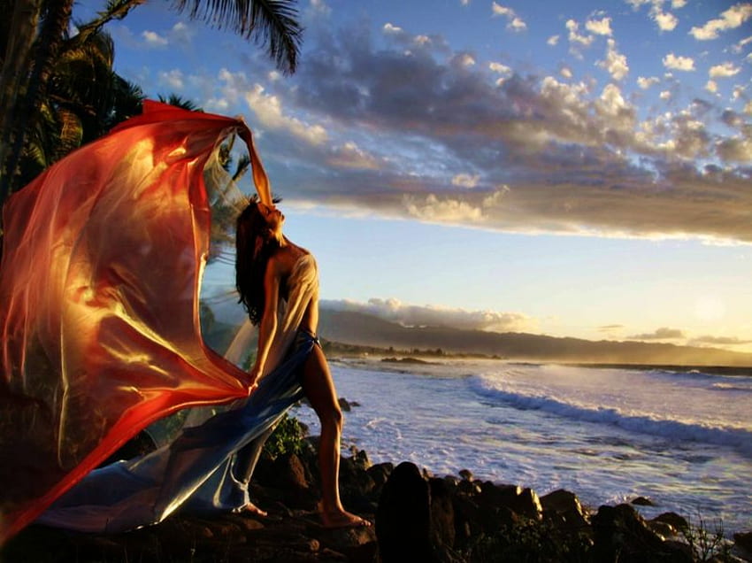 VEIL ON SUNSET BEACH.., sunshine, clouds, veil, orange, woman, sunset, ocean, beach HD wallpaper