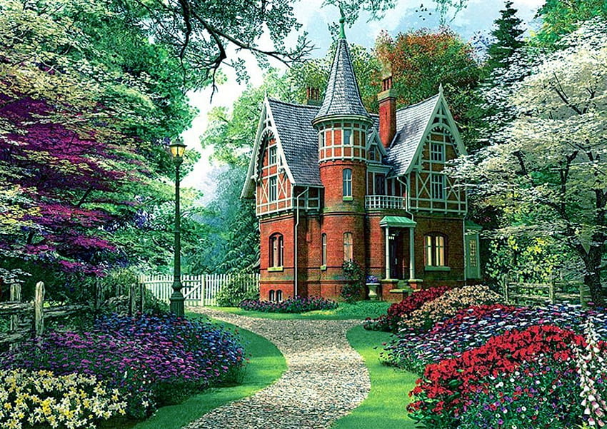 Victorian cottage, garde, cottage, nature, Victorian HD wallpaper