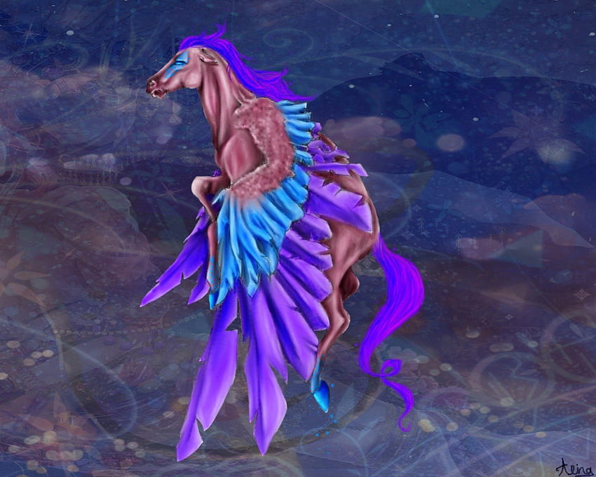 Pegasus ungu-biru~, biru, ungu, kuda, fantasi, Pegasus Wallpaper HD