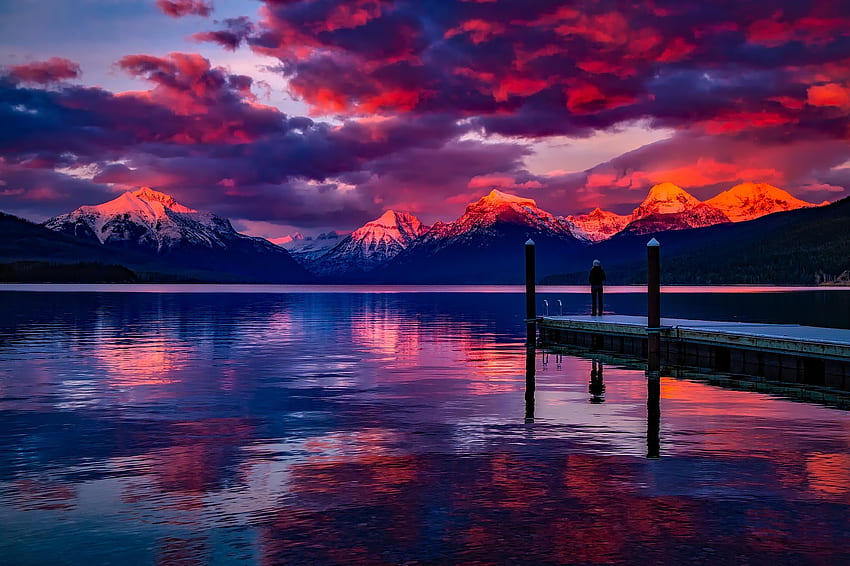 Lake MacDonald, Glacier National Park, Montana, pink and blue, reflection, clouds, pier, lake sunset, water, lake, sunset HD wallpaper