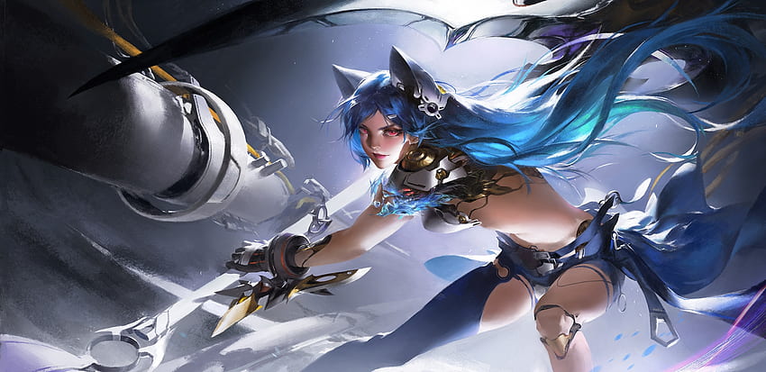 Catgirl, blue, fantasy, lao wang, luminos HD wallpaper