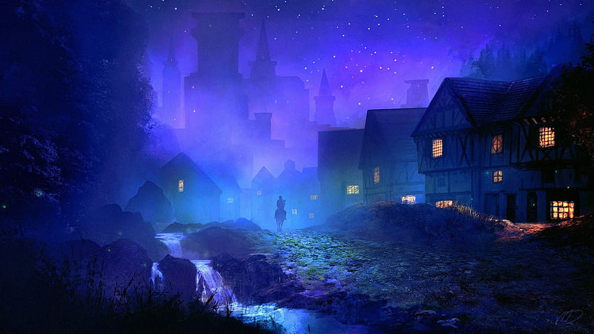 Фентъзи средновековен град нощна илюстрация HD тапет