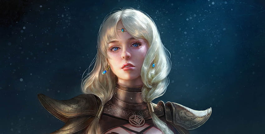 Warrior girl, royal nine, face, luminos, earring, warrior, blue, frumusete, art, blonde, girl, fantasy HD wallpaper