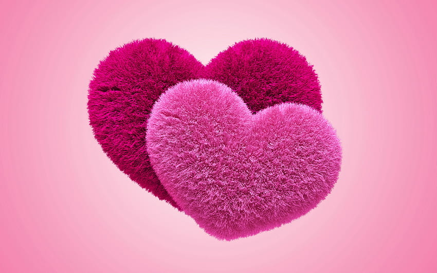 różowe puszyste serca, koncepcje miłości, dwa serca, różowe tła, kreatywne, sztuka 3D, serca 3D, tło z sercami Tapeta HD