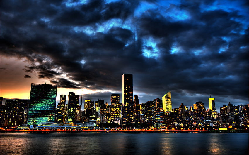 Gece 5 City Full Yüksek Çözünürlüklü New York Skyline. HD duvar kağıdı