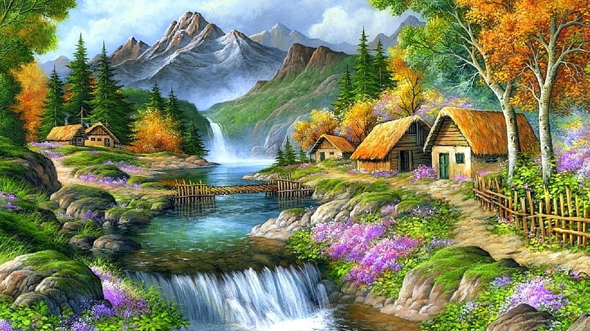 Pegunungan yang indah, Pedesaan, Musim Semi, Pondok, Pondok, Lukisan, Air Terjun Wallpaper HD