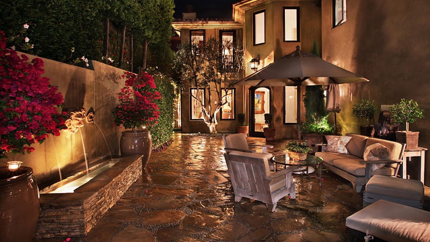 amazing luxurious courtyard, stone floor, lights, house, fountain, seating, terrace HD wallpaper