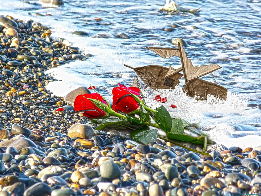 ~~ ~~, bord de mer, deux, mer, des roses, r, hq, plage, été, bateau brisé, 3d, abstrait, naufrage, rouge, cailloux, romantique Fond d'écran HD