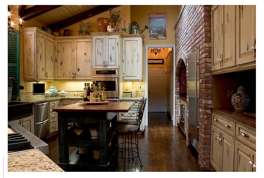 A French Kitchen, cupboards, charming, table, lights, brick, warm HD wallpaper