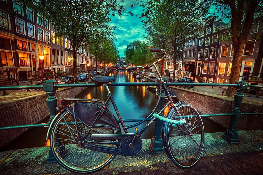 Amsterdam Netherlands bike Canal Fence Cities, Amsterdam Spring HD wallpaper