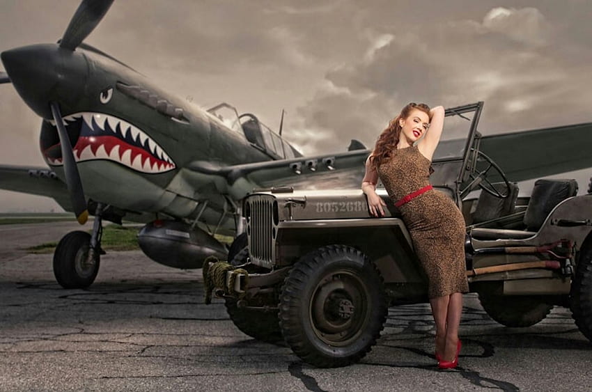 Ginger, military, jeep, hurricane, ww2, girl, war HD wallpaper